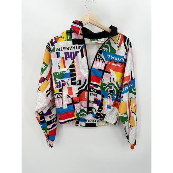Puma Jacket Women SMALL White Multi International Woven Print Track Full Zip - Picture 1 of 11